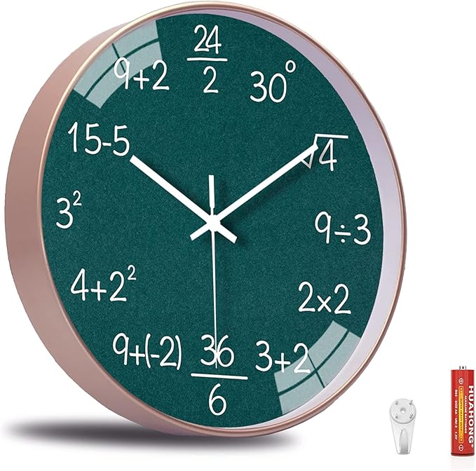 12 Inch Math Wall Clock Silent Non Ticking Movement Quality Quartz Wall Clock for Office Classroom/School/Home/Kitchen/Living Room Wall Decorations (Green)