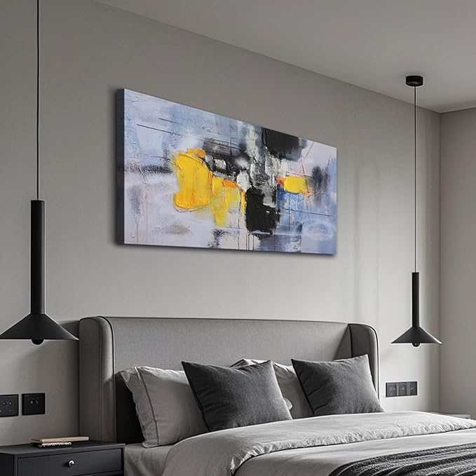 Arjun Abstract Wall Art for Living Room, Modern Black Grey Neutral Canvas Painting for Bedroom, Framed Textured Neutral Artwork Large Picture Dining Room Kitchen Mens Room Wall Decor 40"x20"