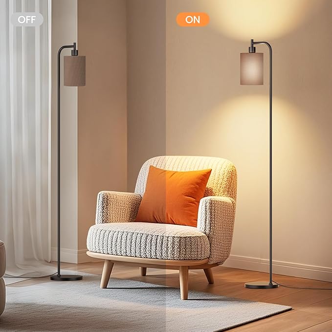Floor Lamp with Linen Shade, Dimmable Tall Standing Lamp with Remote Control & 3 Color Temperatures, Modern Floor Lamps for Living Room Bedroom Office Corner, 9W LED Bulb Included