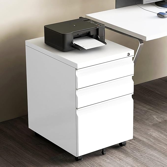 3 Drawer File Cabinet with Lock, Steel Mobile Filing Cabinet on Anti-tilt Wheels, Rolling Locking Office Cabinets Under Desk for Legal/Letter Size (White)