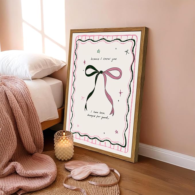 Framed Pink Bow Wall Art, Coquette Preppy Canvas Wall Decor Pictures, Trendy Inspirational Quote Paintings Prints Girly Home Decor Aesthetic for Girls Room Bedroom Dorm 16x24 inch