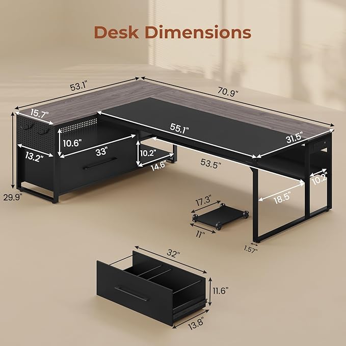 71" Executive Desk, Large Office Desk with Widen File Drawers & Power Outlets, Reversible L Shaped Computer Desk Corner Desk with Storage Shelves, CPU Stand, Hooks, Business Furniture (Grey)