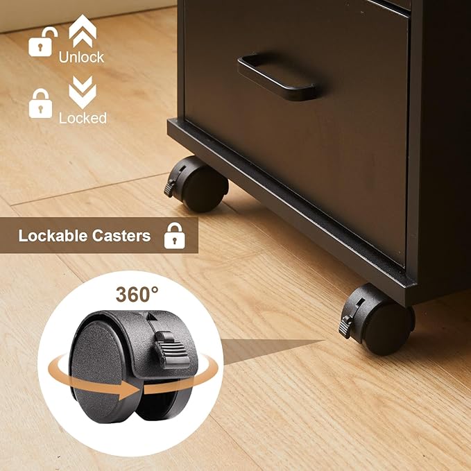 3 Drawer Mobile File Cabinet with Lock, Wooden Under Desk Filing Cabinet with Wheels, Small Rolling Storage Cabinet for Home Office Organizer A4/Letter Size/Legal, Black