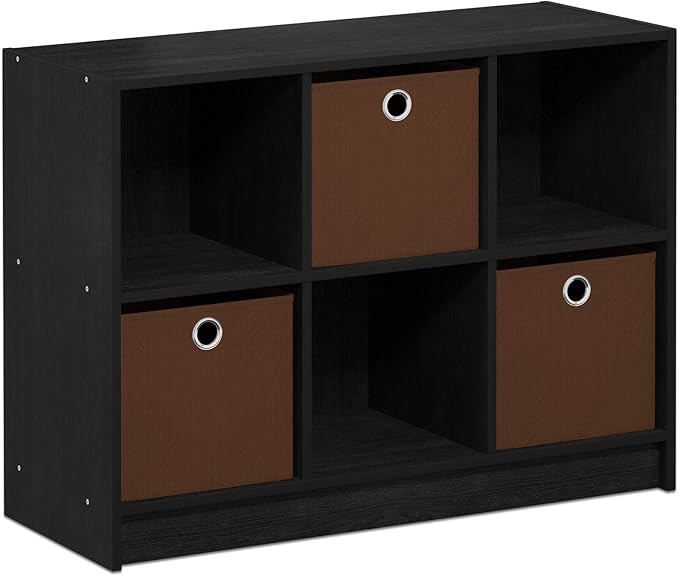 Furinno BASIC Book Shelf, 6-Cube Bookshelf with Open Shelf, 3 x 2 Bookcase with Storage Bins, Closed Back, Horizontal, 11.9 x 31.6 x 23.6, for Living Room, Bedroom, Home Office, Americano