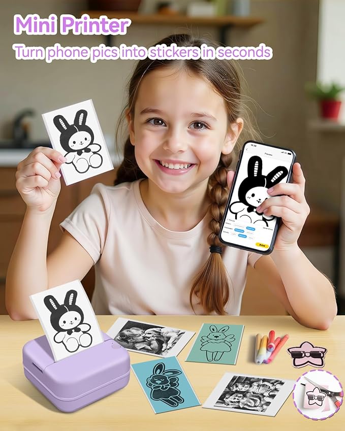 Aptika Mini Thermal Printer with 14 Rolls Sticky Papers, Wireless Bluetooth Photo Printer, Portable Label Maker Machine with Tape, Small Compact Picture Maker for Student Kid, Purple