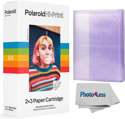 Polaroid Hi-Print 2X3 Paper Cartridge 20 Sheets + Purple Album Holds 64 Photos