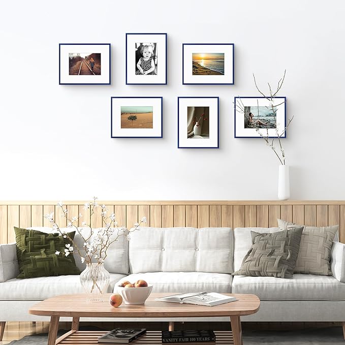 Golden State Art 8x10 Picture Frame 6 Pack - Navy Blue Aluminum Photo Frames With 5x7 Mats and Real Glass Cover - Elegant Minimalist Wall Gallery Frames for Home or Office Decor