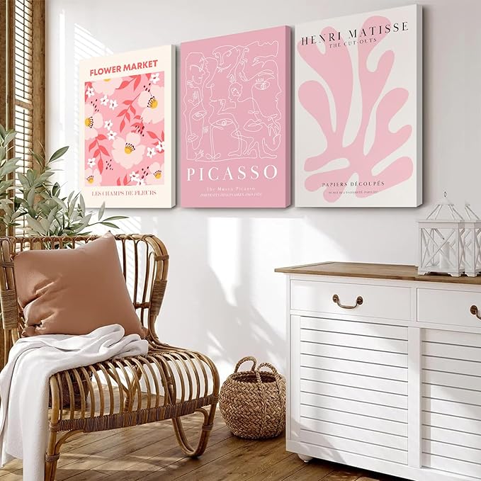Matisse Abstract Wall Art Decor Pink Flower Canvas Pictures Picasso Aesthetic Wall Art Henri Matisse Prints Poster Abstract Flower Painting Market Artwork for Bedroom 16x24 Inch Framed Set of 3