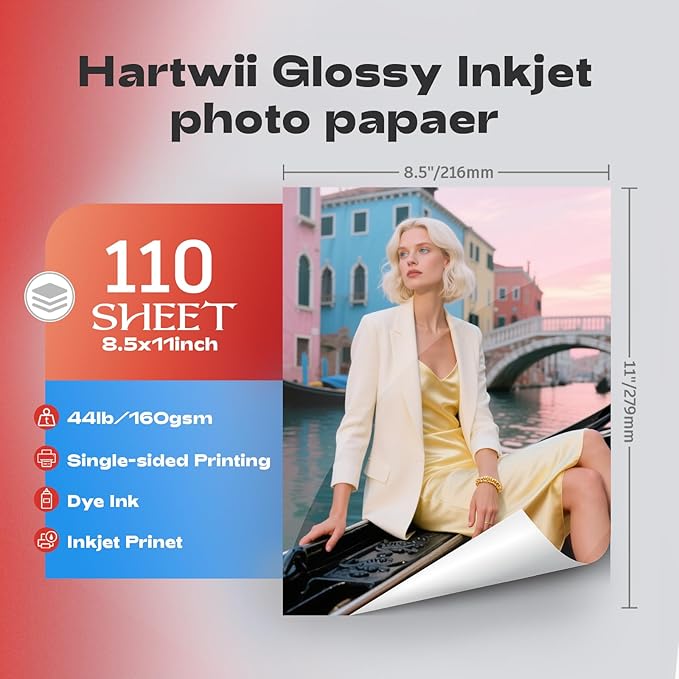 Glossy Inkjet Paper 8.5x11 Inches, 110 Sheets, 160gsm Photo Paper for Inkjet Printer with Dye Ink for Flyers Brochure Custom Chip Bag Party Favors