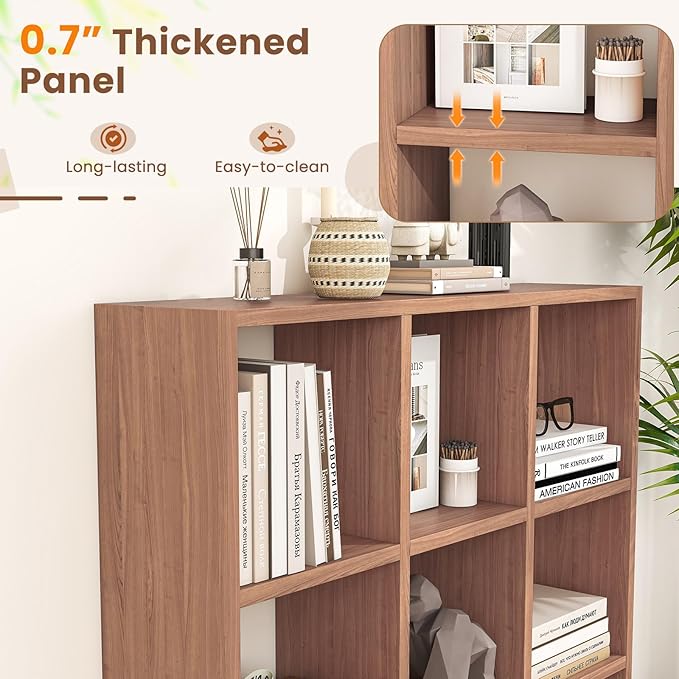 Tangkula 9-Cube Bookcase, Freestanding 3-Tier Bookshelf with 6 Removable Shelves, Open Back DIY Storage Organizer with Raised Support Feet for Living Room Study Office (2, Brown)