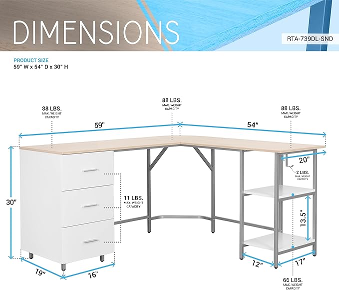 Techni Mobili L Shaped Desk - Two-Toned Computer Desk with Drawers & Storage Shelves - Simple Modern Furniture & Home Office Space Corner Table for Work & Writing