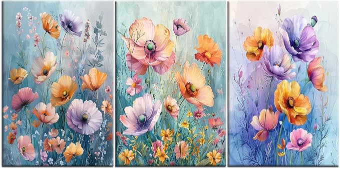 Flower Canvas Print Wall Art Home Decor Modern Colorful Wildflowers Large Size Posters Plant Theme Picture Painting Artwork for Living Room Gym Office Wall Decoration Ready to Hang [72''W x 36''H]