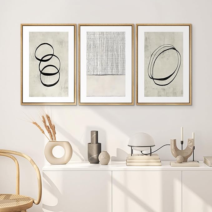 SIGNWIN Framed Canvas Print Wall Art Set Geometric Ring Grid Landscape Graffiti & Street Art Abstract Cozy Neutral Modern Art Decorative Nordic for Living Room, Bedroom, Office - 24"x36"x3 Natural