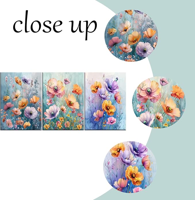 Floral Poster Canvas Wall Art Home Decor Abstract Wildflower Daisy Flower Green Leaves 3 Pieces Picture Print Plant Painting Artwork for Bedroom Kitchen Office Stretched and Framed [48''W x 24''H]