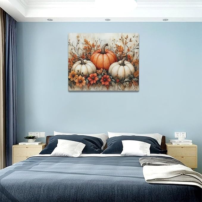 Fall Pumpkin Wall Art Autumn Leaf Pictures Wall Decor Maple Leaves Canvas Painting Modern Artwork Home Decoration for Living Room Bathroom Bedroom Office Framed 20"x16"