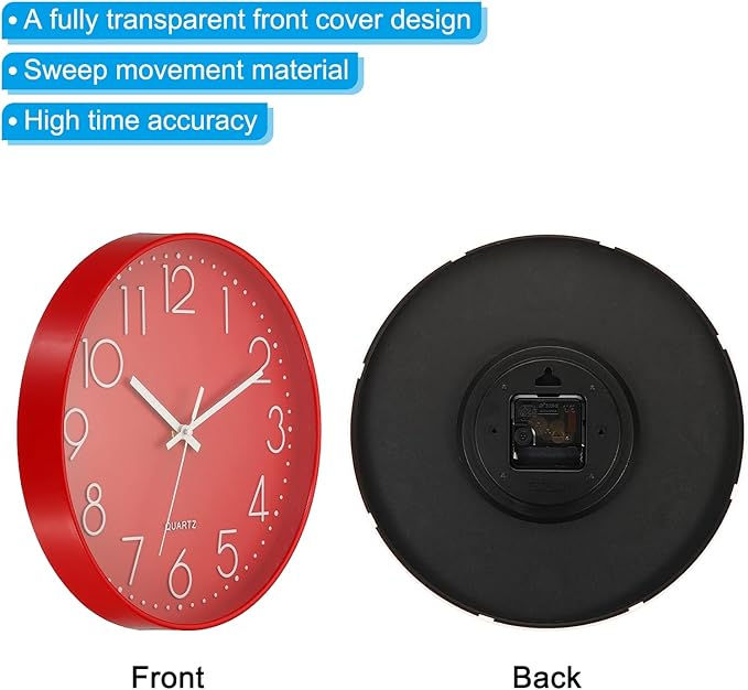 PATIKIL 12 Inch Wall Clock, Battery Operated Silent Non-Ticking Round Wall Clocks for Office Bedroom Decorative, Red