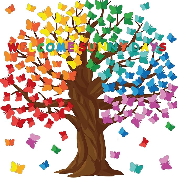128 Pcs Butterfly Tree Bulletin Board Decorations Spring Classroom Bulletin Board Sets Welcome Sunny Days Back to School Cutouts for Wall Background Chalkboard Supplies