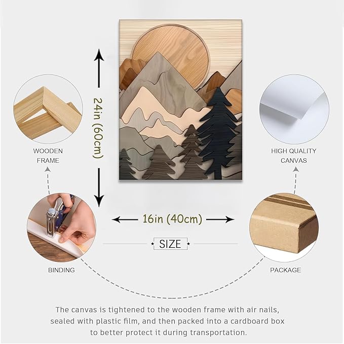 Set of 3 Mountain canvas Wall Art Large Forest Wall Decor pictures Woodcut Wooden Landscape poster Prints Abstract Landscape Nature Painting for Living Room Bedroom Office (16x24in canvas)