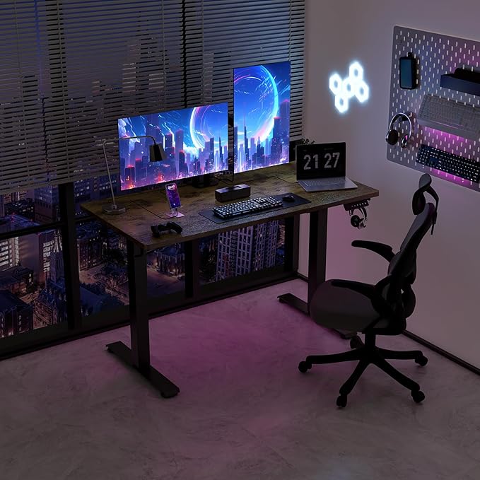 48" x 24" Electric Standing Desk, Adjustable Height Sit Stand Desk with 3 Preset Heights & 2 Hook, Electric Desk for Home Office Gaming, Rustic Brown