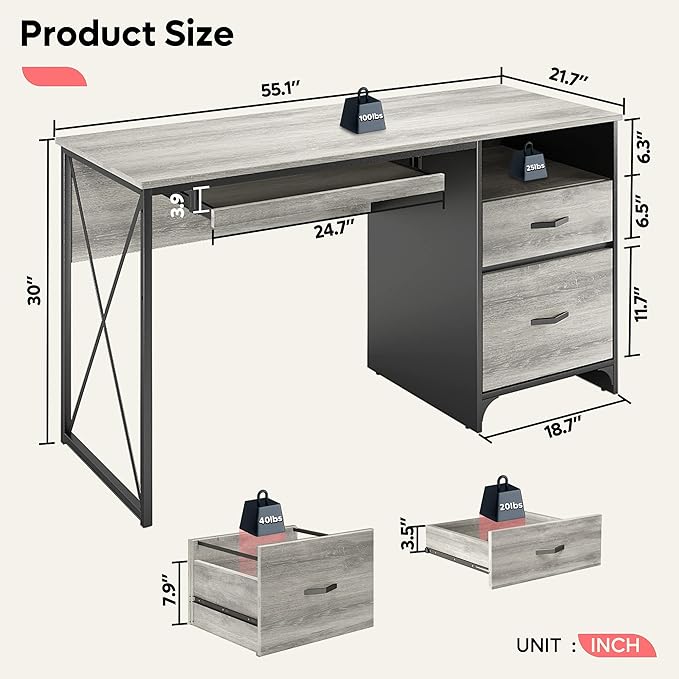 Bestier Office Desk with Drawers, 55 inch Industrial Computer Desk with Storage, Wood Teacher Desk with Keyboard Tray & File Drawer for Home Office, Light Gray Oak