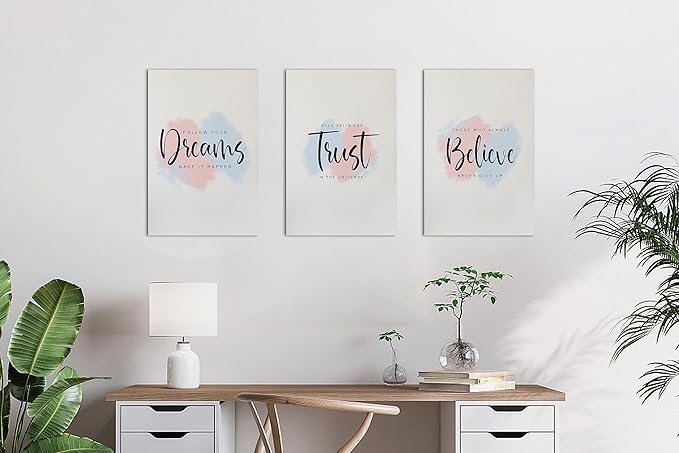 3 Piece Office Canvas Wall Art, Motivational Quotes Dreams Trust Believe Print Pictures Wall Decor for Office, Women Inspirational Framed Artwork Home Office Decor 12"x18" x 3 Pcs