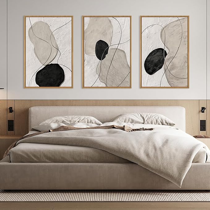 ANHUIB Neutral Abstract Wall Art Canvas,Mordern Geometric Wall Decor Framed,Contemporary Minimalist Artwork, Black Beige Canvas Prints, 3 Piece 24 * 36IN Painting for Living Room Bedroom Office