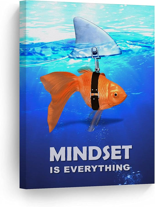 Smile Art Design Mindset is Everything Fish vs Shark in Ocean Motivational Wall Art Canvas Print Inspirational Wall Art Entrepreneur Quote Office Living Room Decor Gift Ready to Hang 17x11