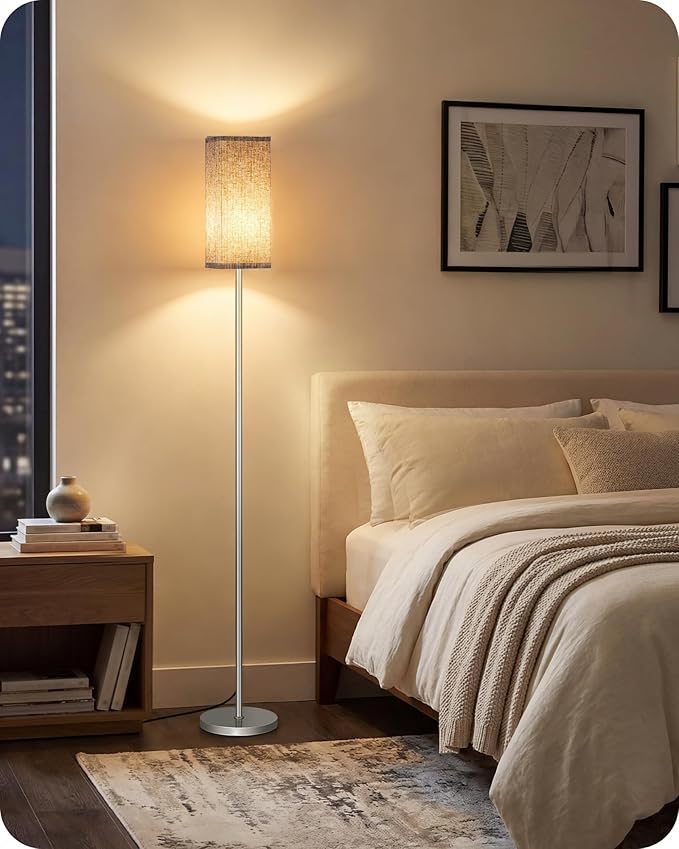 64.2'' Dimmable Floor Lamp for Living Room with Remote and Foot Switch, Corner Floor Lamp for Bedroom, Includes 10W A19 Bulb, Modern Standing Tall Lamp, ETL Listed Silver and Beige SE17LD05
