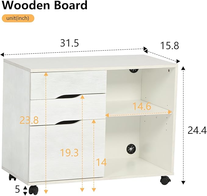 PayLessHere Lateral File Cabinet with 3 Drawers | Rolling Filing Cabinets Under Desk Storage with Wheels | Printer Stand Wood Organizer with Adjustable Shelf for Home Office Small Space, White