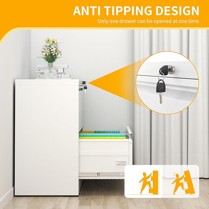 File Cabinet with Lock, 2 Drawer Lateral Filing Cabinet for Home Office, Metal Heavy Duty Office File Cabinets for Hanging Letter/Legal/F4/A4 Size Files, Assembly Required (White)