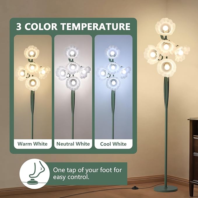 5 Light Flower Floor Lamp for Living Room,3CCT LED Arc Floor Lamp with Foot Switch,Floral Standing Lamp for Bedroom with Acrylic Shades,Tall Lamp for Girls & Women Bedroom Decor(Bulbs Included)