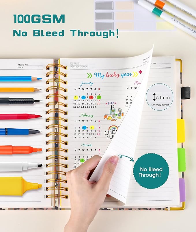 Hardcover Spiral Notebook journal with Removable Dividers Tabs, 300 Pages 5 Subject Notebook College Ruled, 100GMS Notebooks for Work School Note taking,Lined Journal for Women,A5-Flower
