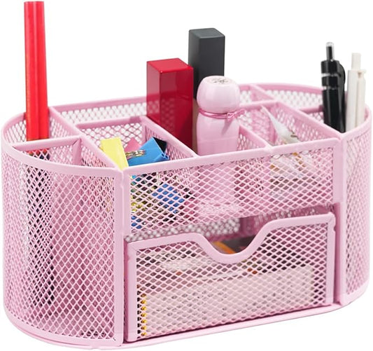 Desktop Organizer with Pencil Pen Holder and Accessories Offering 8 Compartments and 1 Drawer for Home, School and Office. (Cherry Blossom Pink)