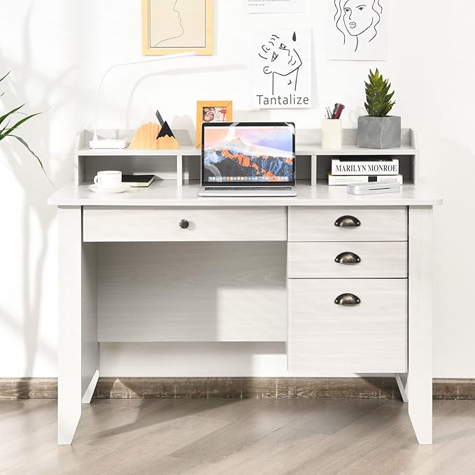 Tangkula White Desk with 4 Storage Drawers & Hutch, Home Office Computer Vintage Desk, Writing Study Table with Storage Shelves, Wooden Executive Desk (White)