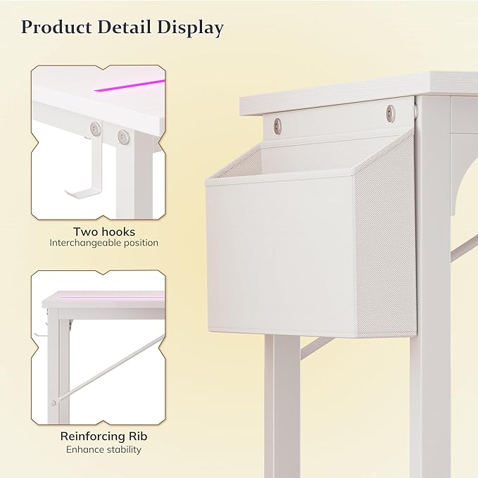 55 Inch White Computer Desk with LED Lights, Office Desk with Storage Bag for Home Office, Gaming Desk with Headphone Hook for Study Writing Work Desk,Sturdy Metal Frame
