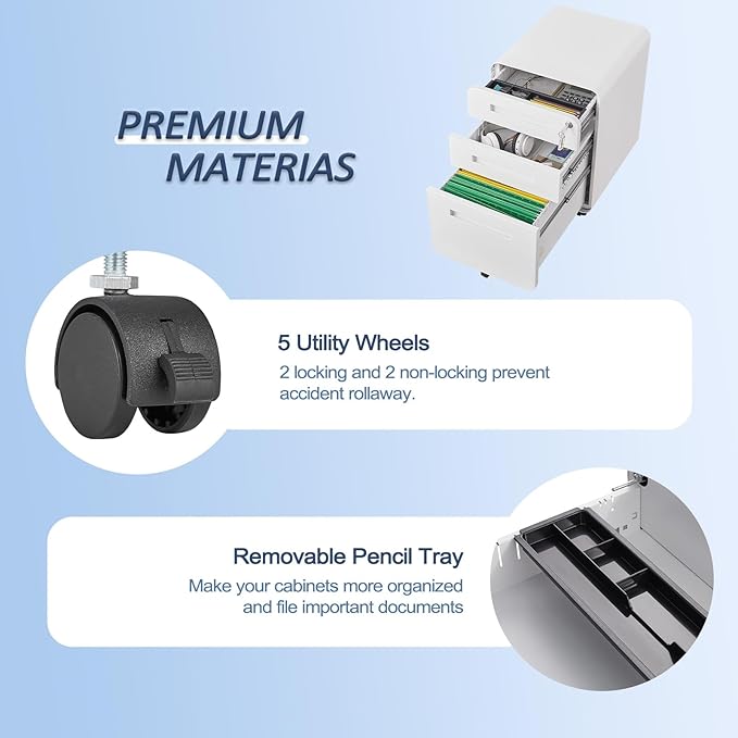 3 Drawer Mobile File Cabinet with Lock, Under Desk Storage Filing Cabinet for Home Office, Small Rolling File Cabinet for Legal, Letter and A4 Files (White)