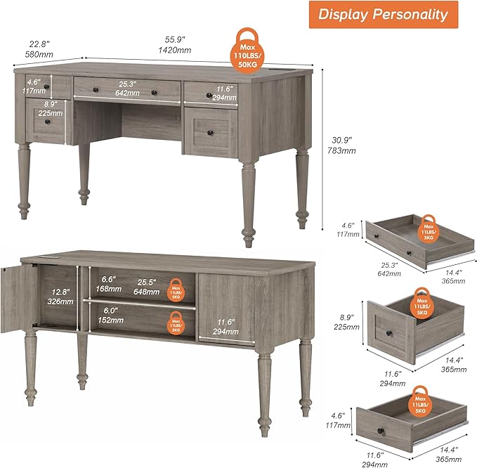 WAMAPT Farmhouse Executive Desk with 5 Drawers, Home Office Desk with Charging Station, Wood Computer Desk with File Cabinet Storage, Door, Open Shelf for Work and Study, Wash Grey, 55 inch