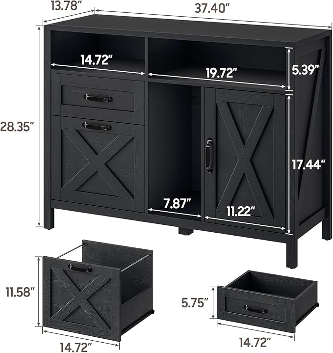 Farmhouse File Cabinet with Doors, Lateral Filing Cabinet with 2 Drawers for Letter/A4 Size Hanging Files, Large Wooden Printer Stand with Open Shelf for Home Office, Rustic Black
