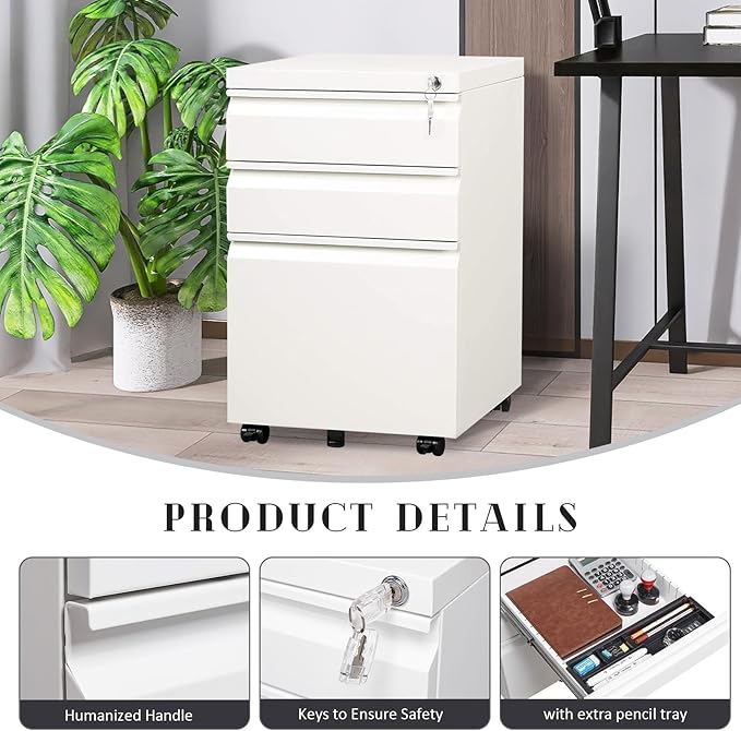 SoarFlash 3 Drawer File Cabinet with Lock Rolling Metal Filing Cabinet for Home Office, Under Desk Mobile File Cabinet with Wheels, White