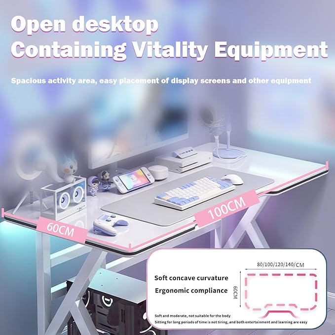 Large Gaming Desk, K-Shaped PC Gaming Table for Home Office, Ergonomic Computer Desk, Space-Saving, Easy Assembly (White 55 Inch)