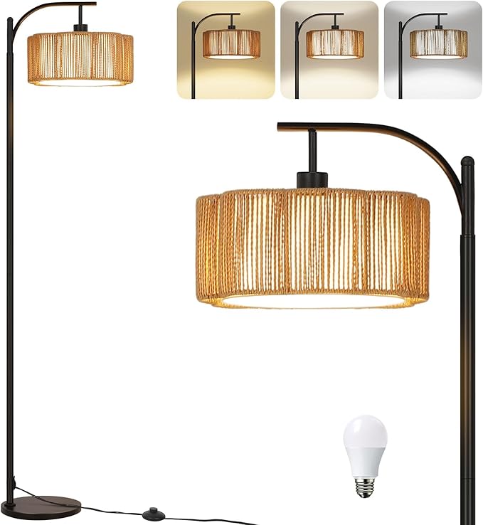 Boho Arc Floor Lamp for Living Room, Modern Rattan Floor Lamp with Foot Switch, Tall Lamp Dimmable 3 Colors Temperature LED Floor Lamps, Bohemian Black Standing Lamp for Bedroom Office