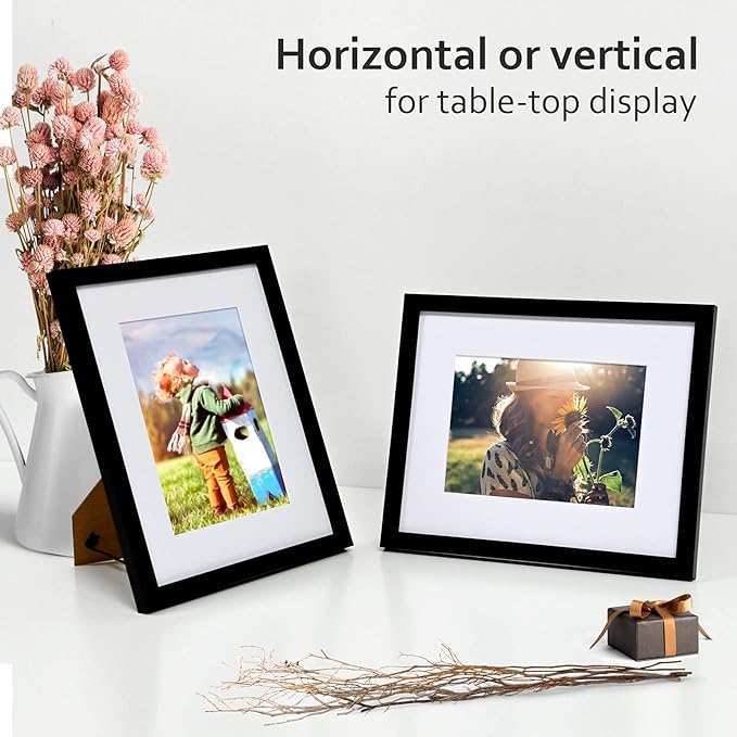 KINLINK 8x10 Picture Frame Black Set of 6, Wooden Photo Frames Matted 5x7 with Plexiglass for 5x7 with Mat or 8x10 without Mat for Table and Wall Display