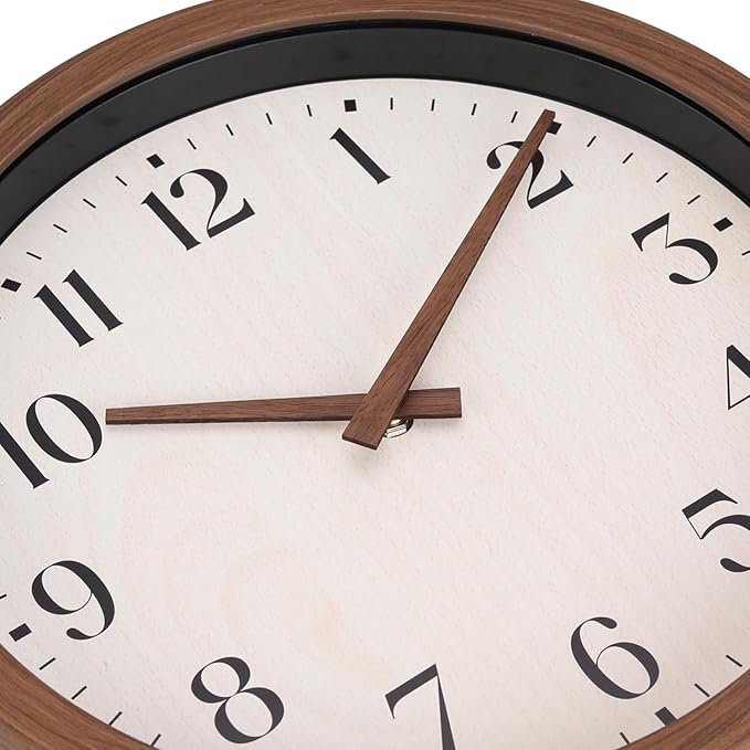 Topkey 12 Inch Silent Wall Clock with Wooden Hour and Minute Hands - Round Wood-Like Frame & White Dial for Home Office Kitchen Decor - Wooden Brown