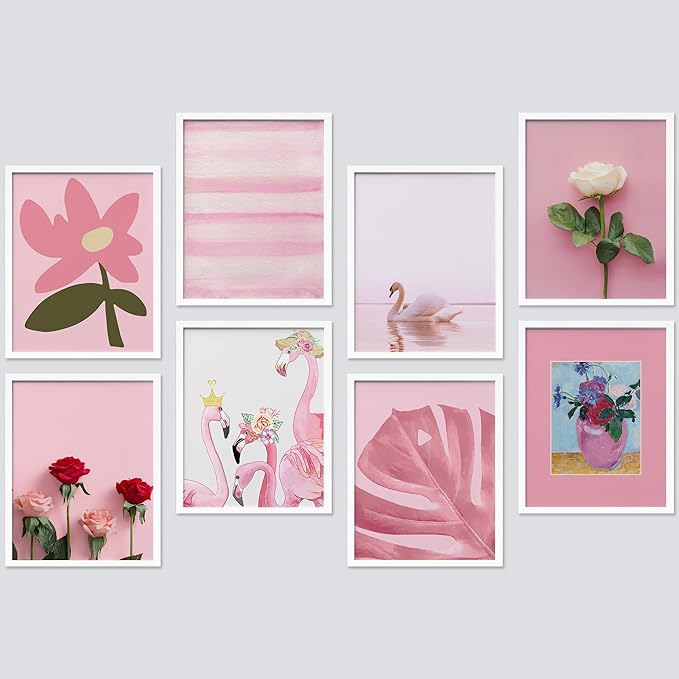 SIGNWIN Framed Poster Bathroom Decor, Wall Art Room Decor Multicolor for Living Room, Bedroom, Office Pink Swan Botanical Flower Daisy Rose Monstera Nature Abstract Shapes - 12"x16"x 8 White
