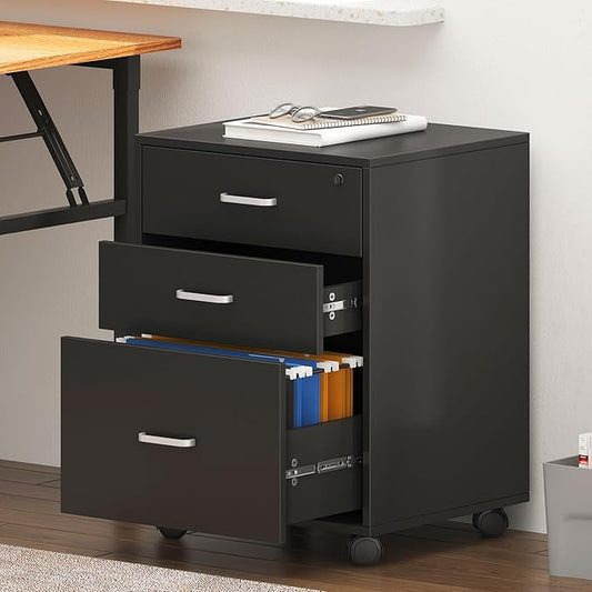 Need 3 Drawer Wood Mobile File Cabinet with Lock,Rolling Filing Cabinet for Letter/A4 Size for Home Office, Black