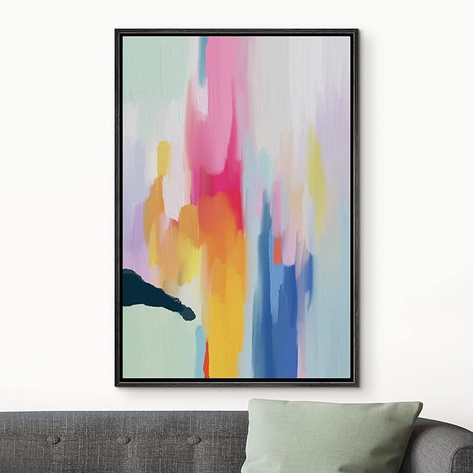 MUDECOR Framed Canvas Print Wall Art Watercolor Pastel Paint Strokes Abstract Shapes Illustrations Minimalism Decorative Relax/Zen Colorful Nordic for Living Room, Bedroom, Office - 16"x24" Black