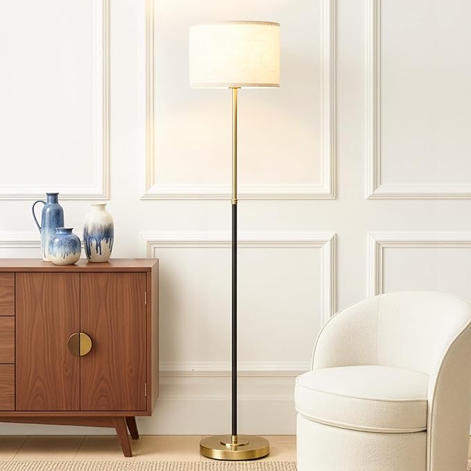 Brightech Emery LED Floor Lamp, Mid-Century Standing Lamp for Bedroom Reading, Modern Lamp for Living Rooms & Offices, Great Living Room Décor, Tall Lamp With Drum Shade & Brass Finish