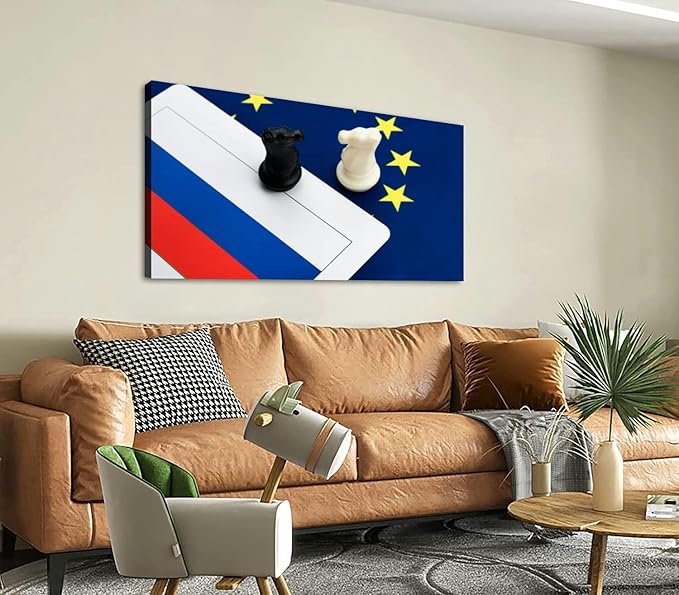 Canvas Wall Art for Living Room Bedroom Two chess knights European Union and Russian flag Big Large Wall Art Decor Framed Painting Wall Pictures Prints Artwork Office