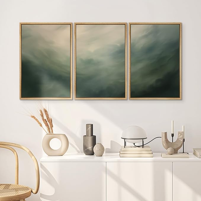 SIGNWIN Framed Canvas Print Wall Art Set Green Abstract Cloudy Landscape Illustrations Modern Art Decorative Boho Relax/Zen Nordic for Living Room, Bedroom, Office - 24"x36"x3 Natural