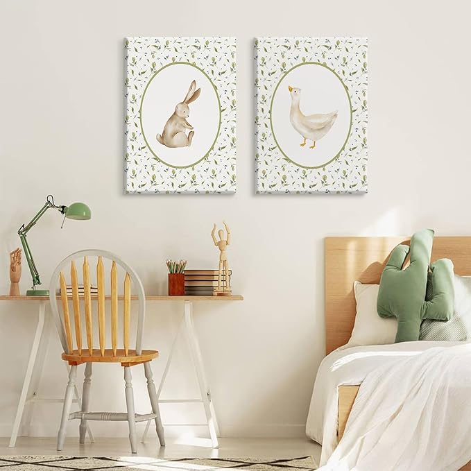 Vintage Nursery Wall Art Cute Goose Canvas Poster Bunny Wall Decor Baby Kids Poster Rabbit Duck Prints Cute Animal Pictures Pale Green Painting Artwork for Gallery Bedroom 12x16x2 Inch Ready to Hang